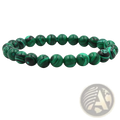 A stretchy matte black and green malachite elastic bead bracelet made of 8mm beads with natural black and teal swirls