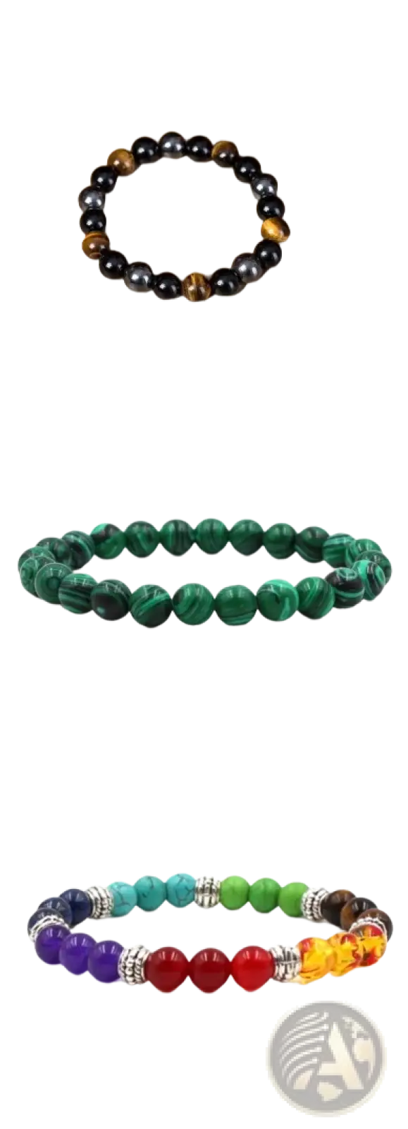 Matte black and green malachite elastic bead bracelet alongside tiger eye and rainbow chakra bead bracelets with silver spacers