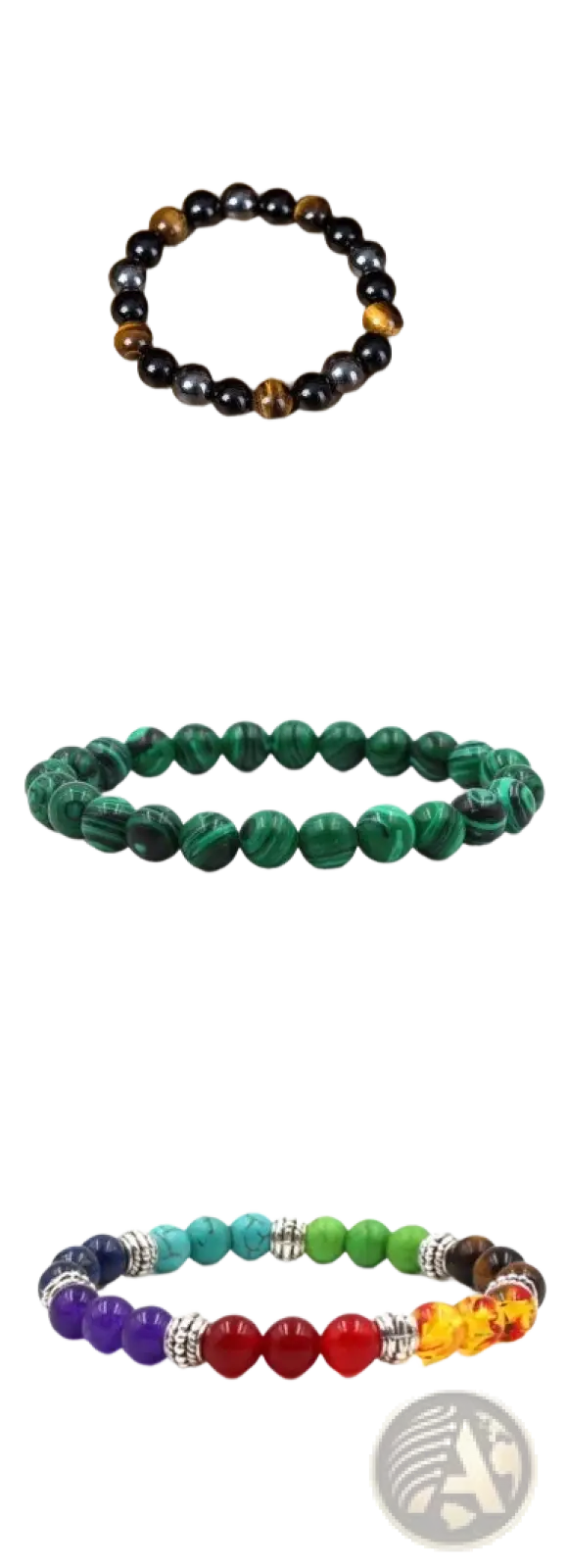 Matte black and green malachite elastic bead bracelet with colorful chakra gemstones and silver-toned metal spacers