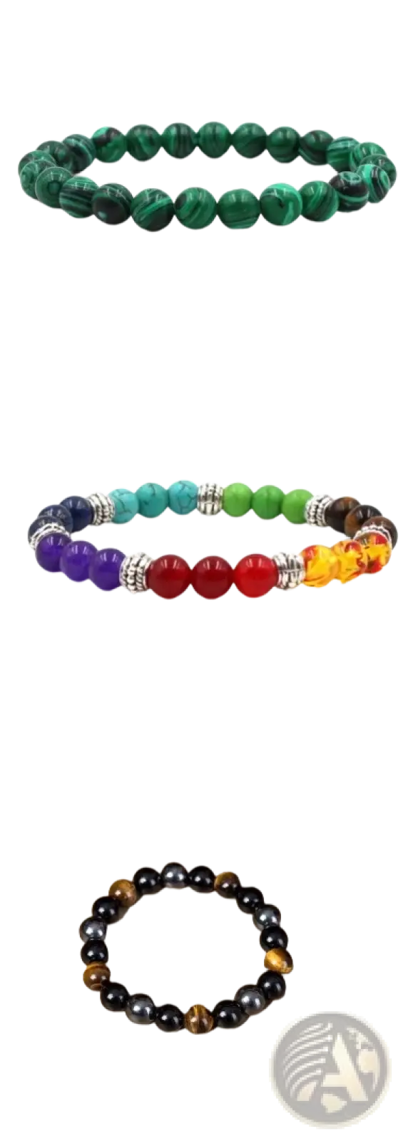 Set of three elastic bead bracelets featuring matte black onyx, green malachite, tiger eye, and chakra stones