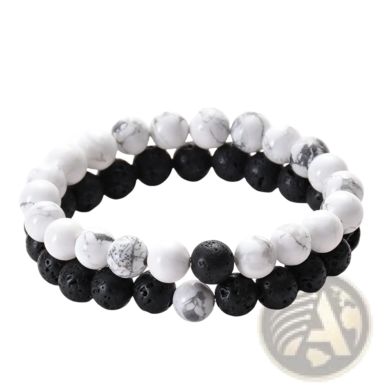 Matte black and green malachite elastic bead bracelet set featuring black and white lava stone beads for versatile wear