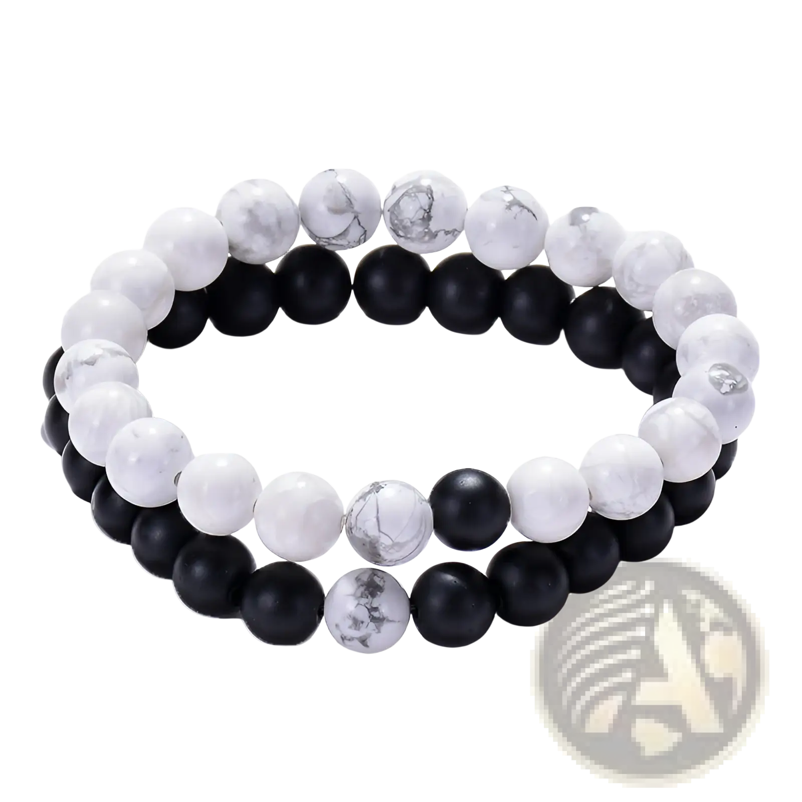 Matte black and green malachite elastic bead bracelet set featuring black and white marble-patterned beads