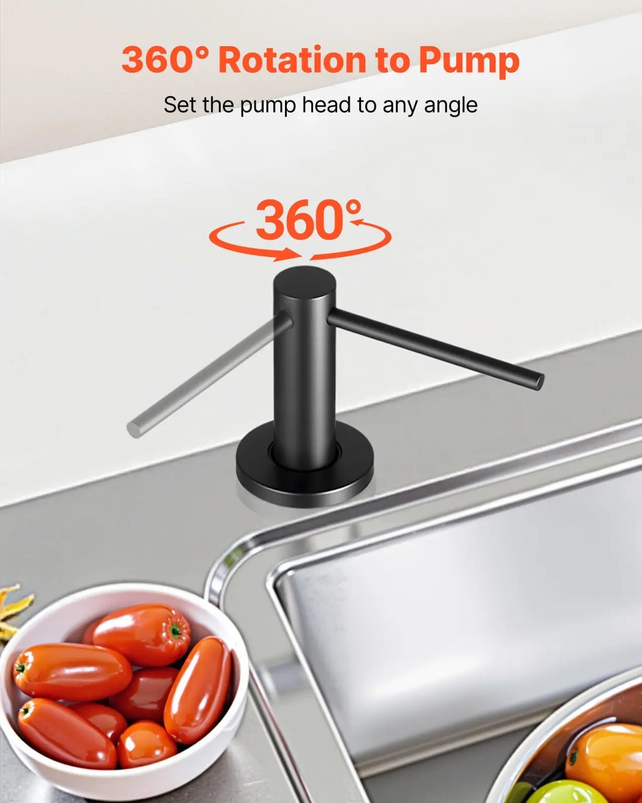 Matte black kitchen soap dispenser with black matte-finish pump and three adjustable arms for versatile use
