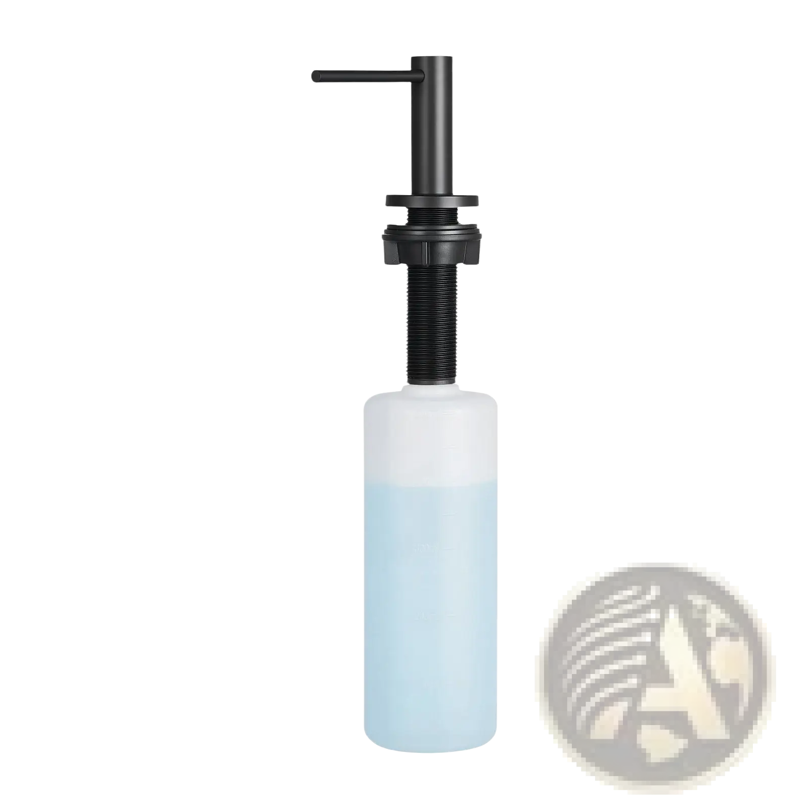 Matte black kitchen soap dispenser with pump and translucent light blue 17oz bottle with matte finish