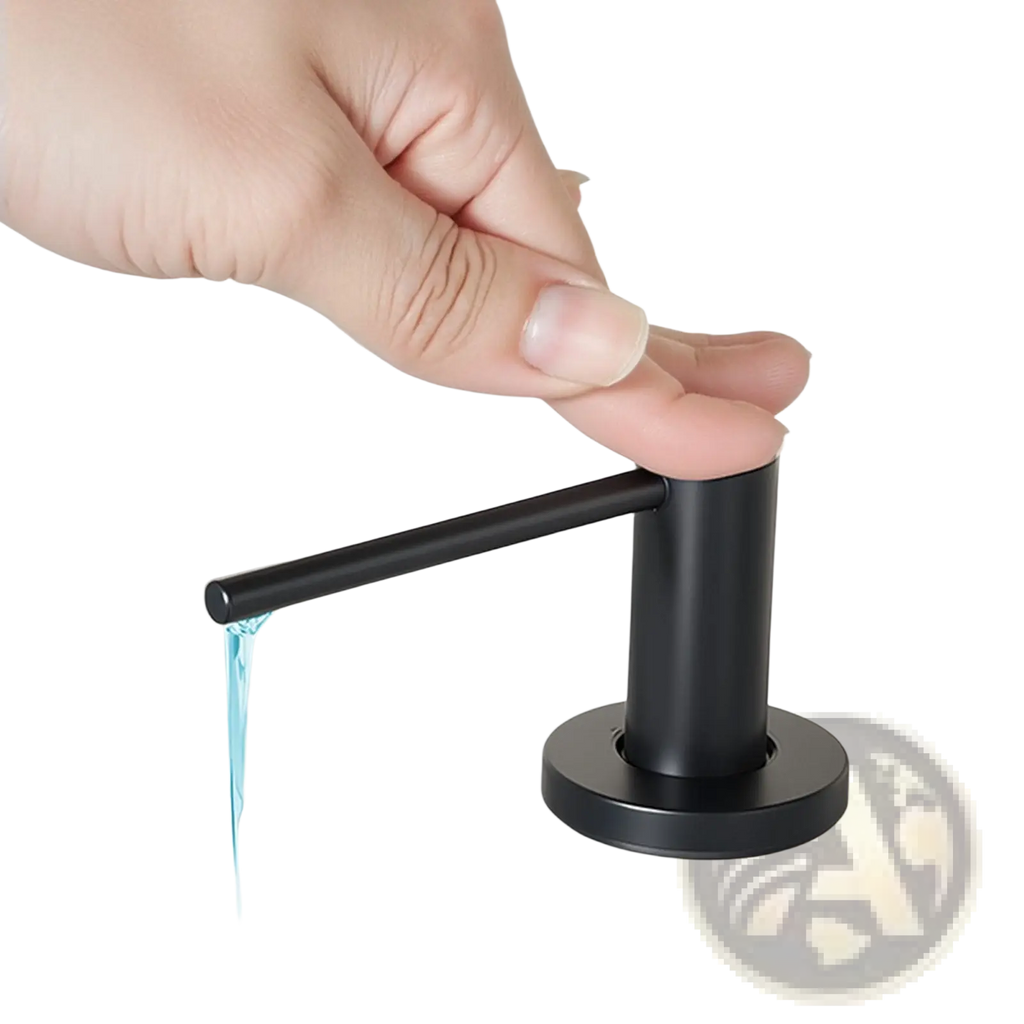 Matte black kitchen soap dispenser with a sleek cylindrical body, black matte finish, and horizontal push bar