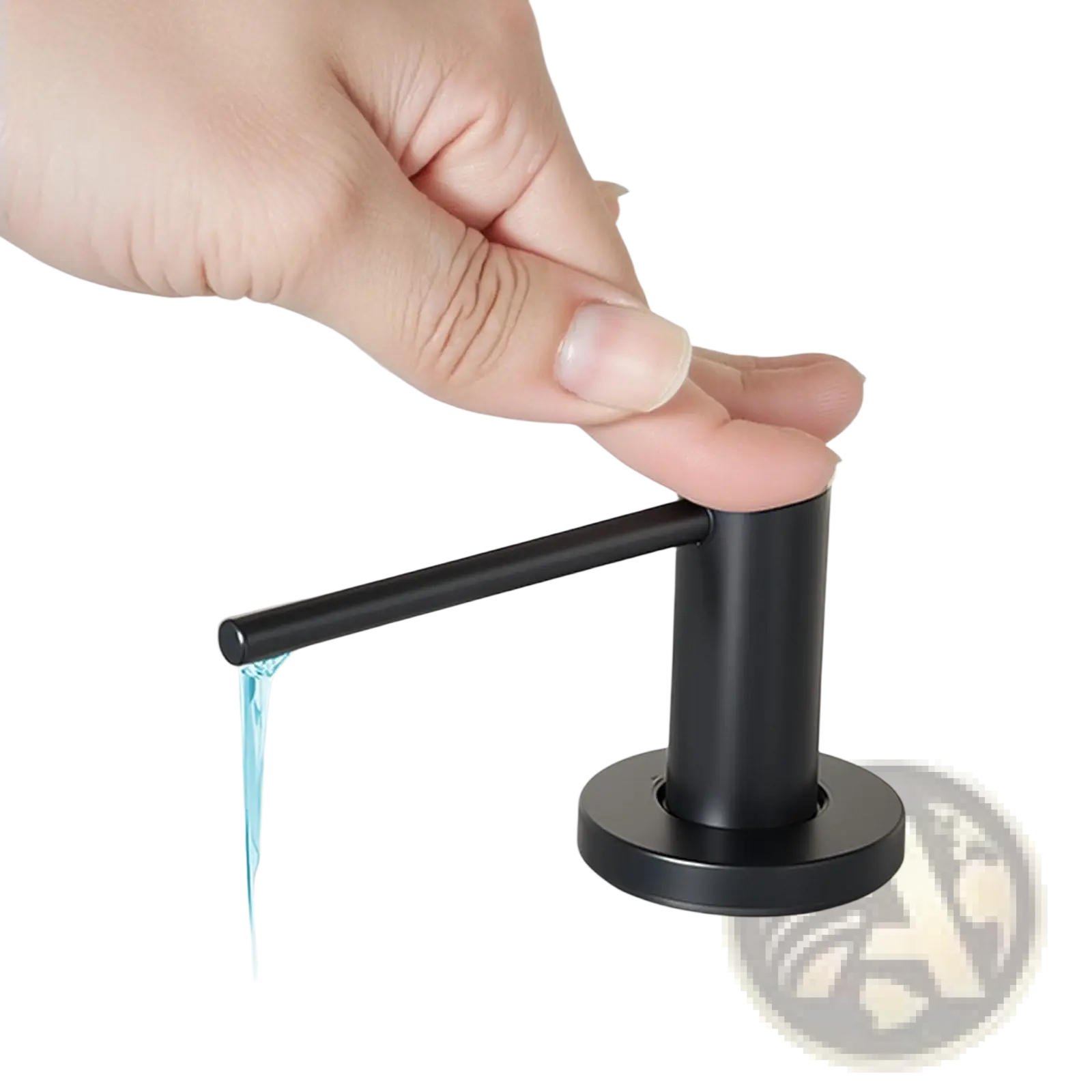 Matte black kitchen soap dispenser with a sleek cylindrical body, black matte finish, and horizontal push bar