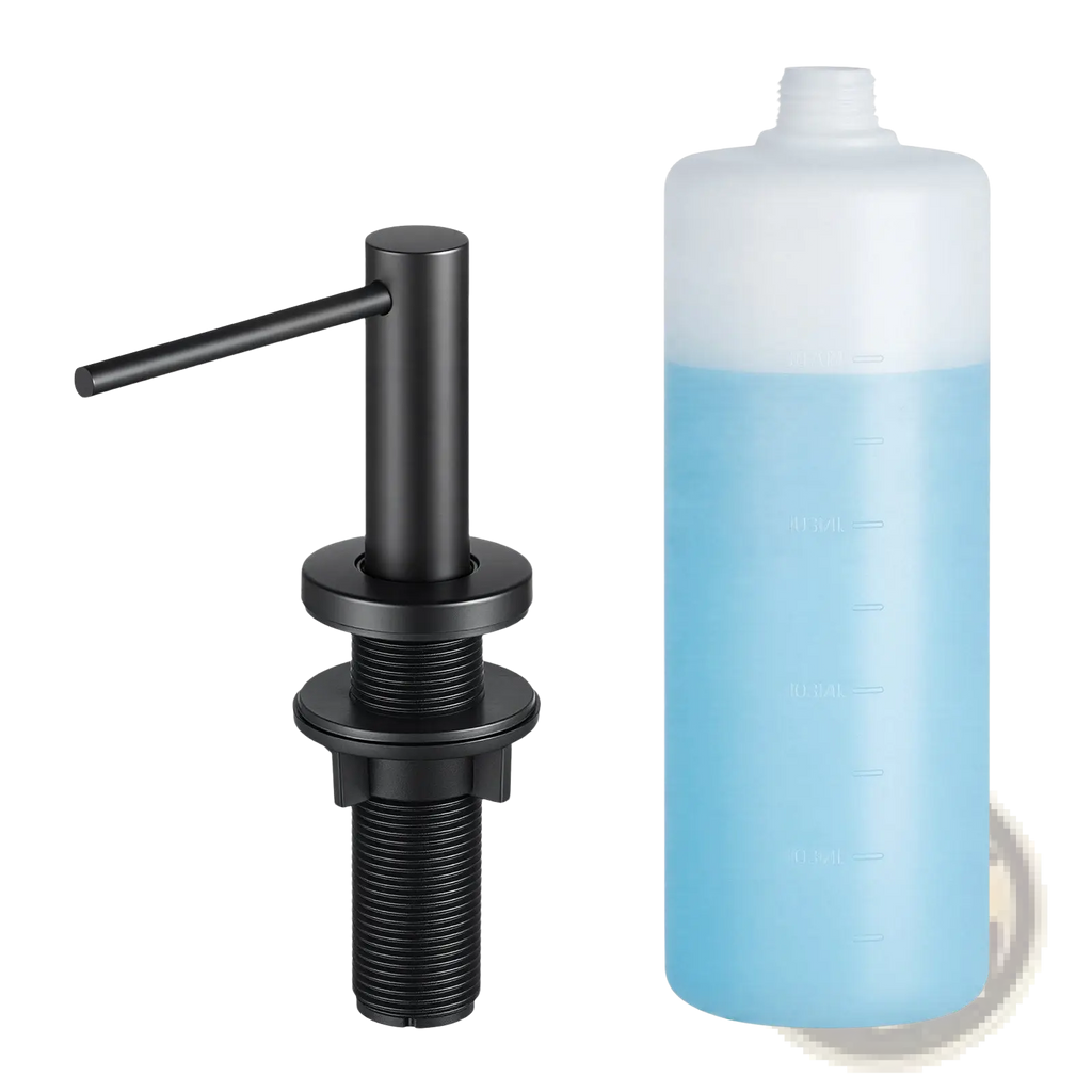 Matte black kitchen soap dispenser with 17oz bottle featuring a sleek matte finish and threaded base for sink mounting