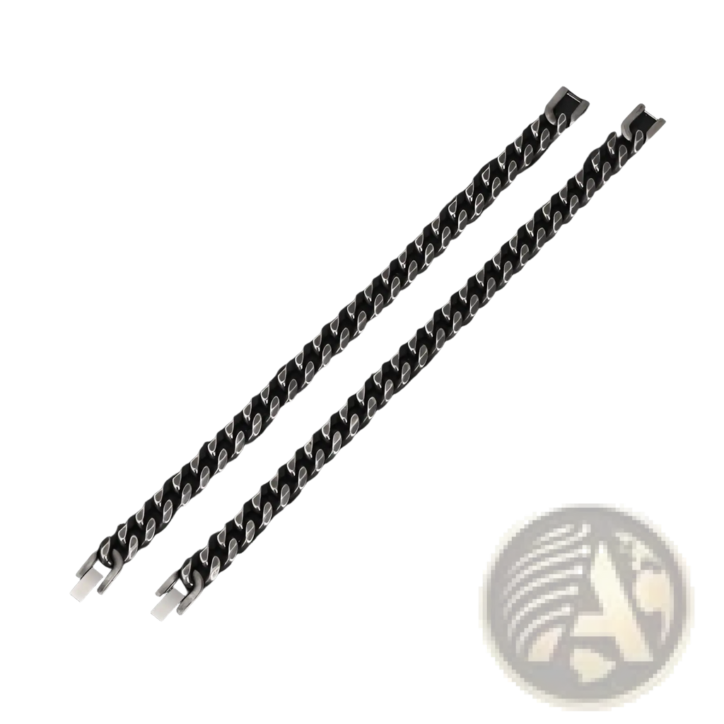 Two sleek matte black stainless steel curb chain bracelets with polished silver-toned clasps in cuban link design