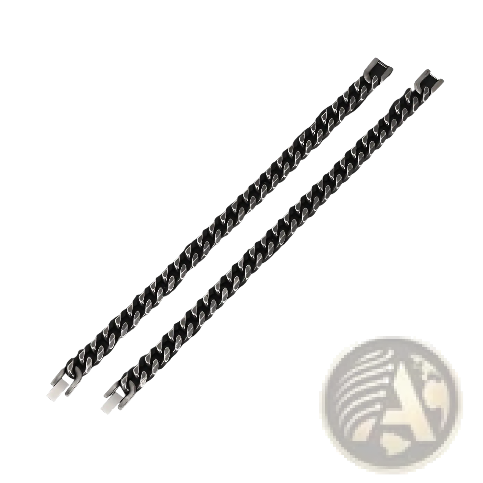 Two sleek matte black stainless steel curb chain bracelets with polished silver-toned clasps in cuban link design