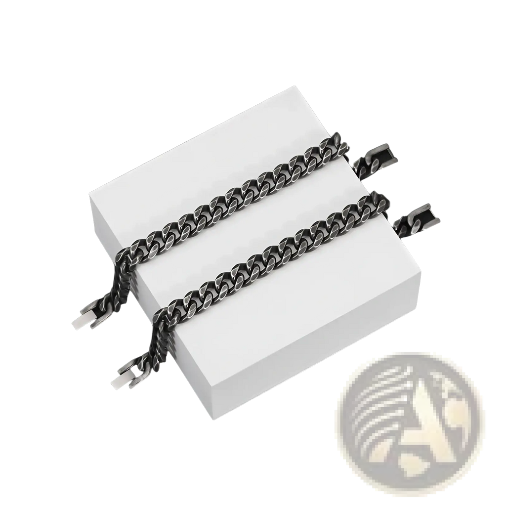 Matte black stainless steel curb chain bracelet with a matte finish and silver-toned clasp displayed on its back side