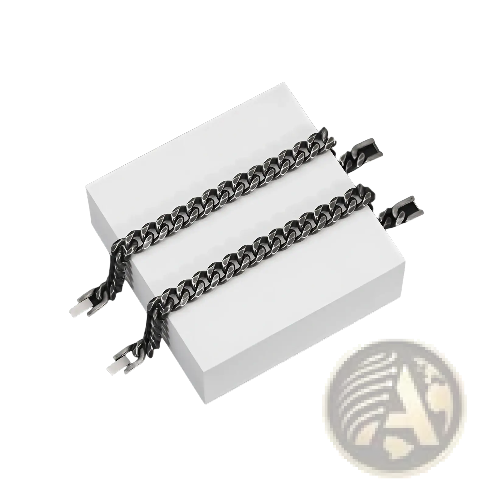 Matte black stainless steel curb chain bracelet with a matte finish and silver-toned clasp displayed on its back side