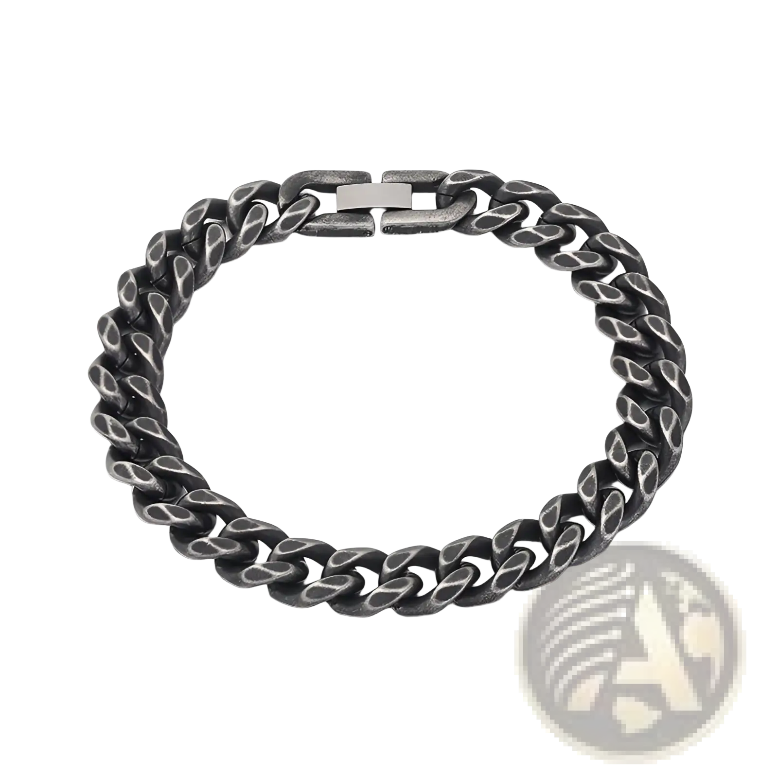Matte black stainless steel curb chain bracelet with a dark textured finish and rectangular clasp