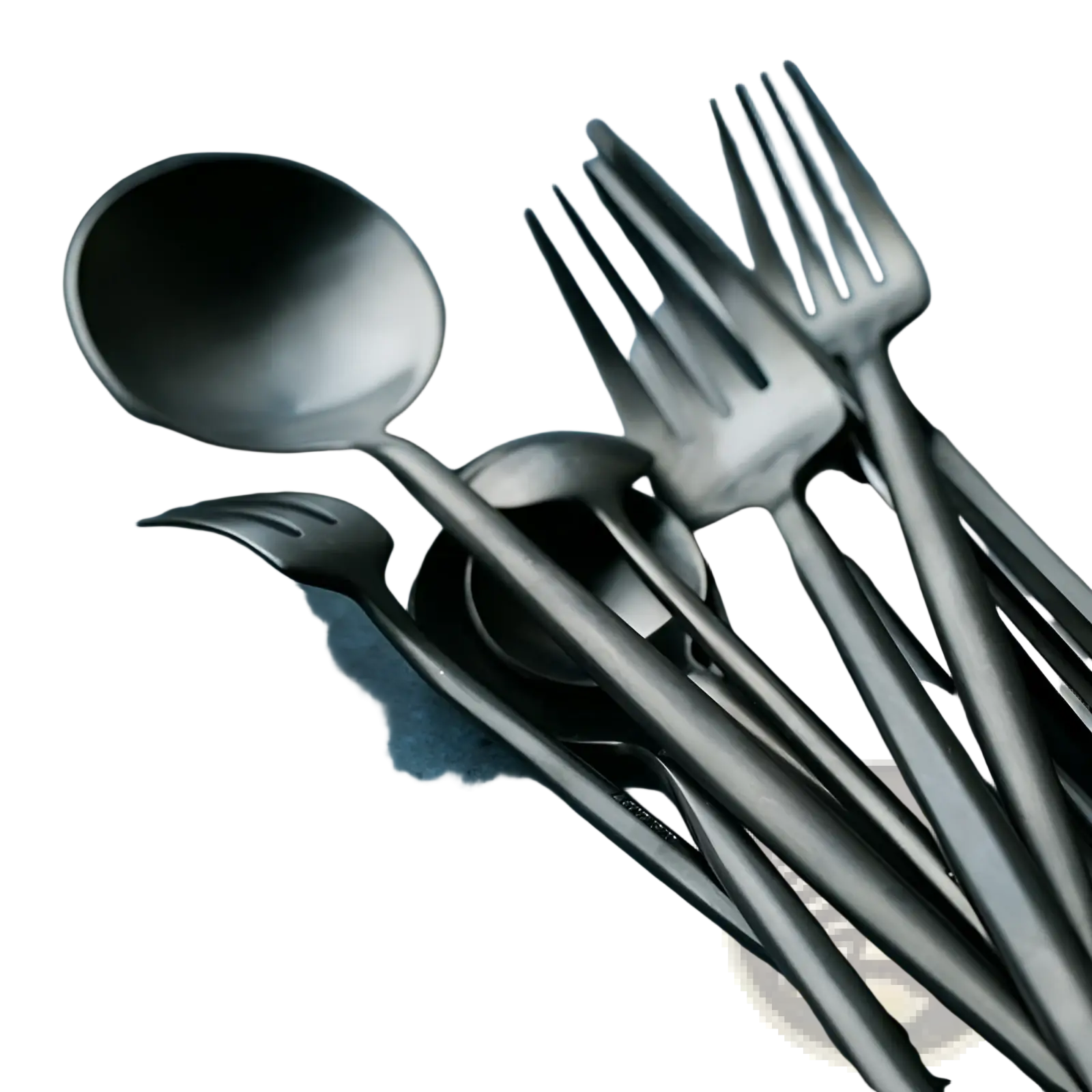 Set of matte black stainless steel cutlery with sleek modern design included in a 60 piece tableware set
