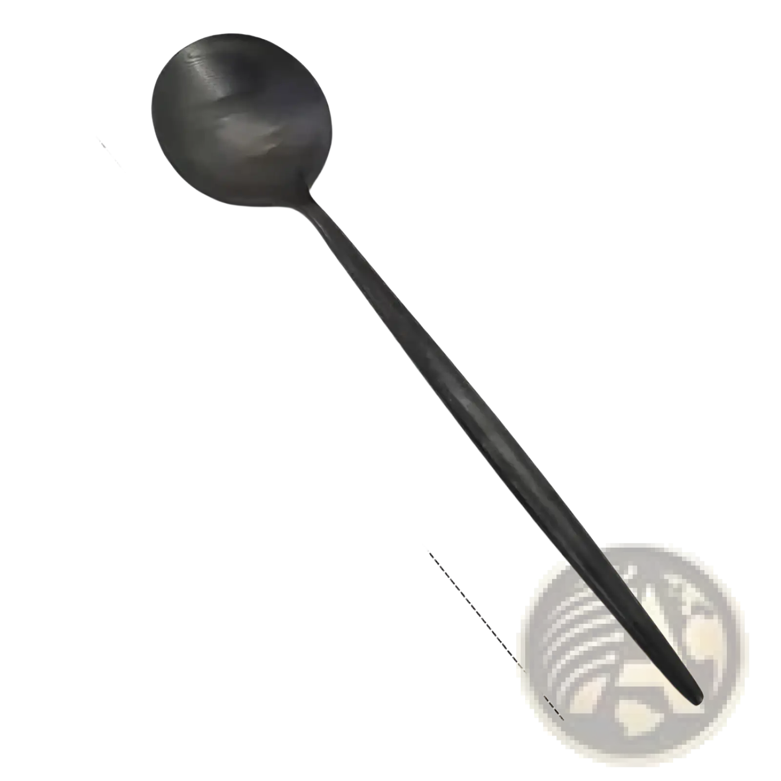 Black matte stainless steel dessert spoon with sleek elongated handle and rounded bowl from 60 piece tableware set