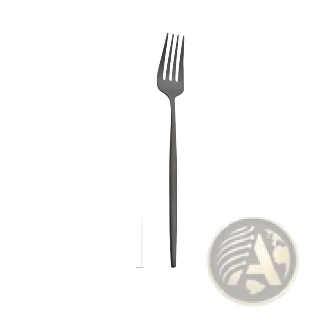A sleek matte black stainless steel fork with four tines from a modern flatware dinnerware set