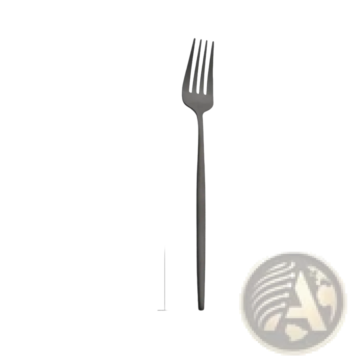 A sleek matte black stainless steel fork with four tines from a modern flatware dinnerware set