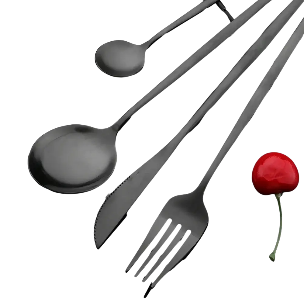 Matte black stainless steel flatware dinnerware set featuring spoon fork and knife with sleek modern design