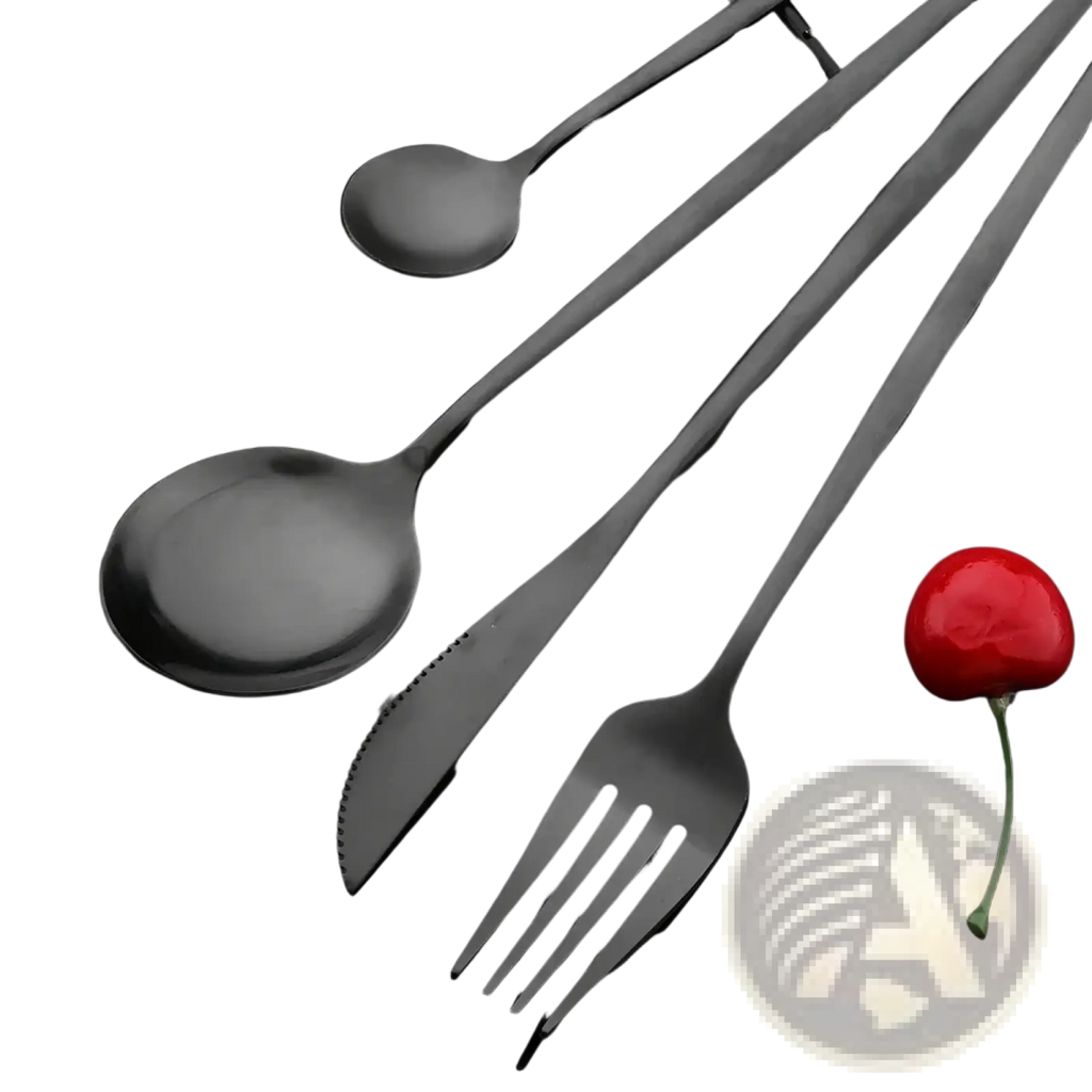 Matte black stainless steel flatware dinnerware set featuring spoon fork and knife with sleek modern design