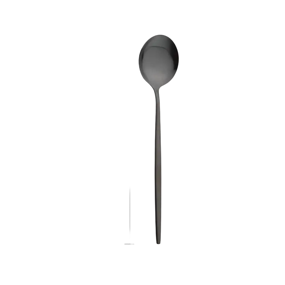 A sleek matte black stainless steel spoon with modern design and slender handle from flatware dinnerware set