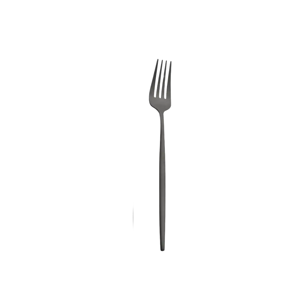 A sleek matte black stainless steel fork with a modern design and slender handle from a flatware dinnerware set