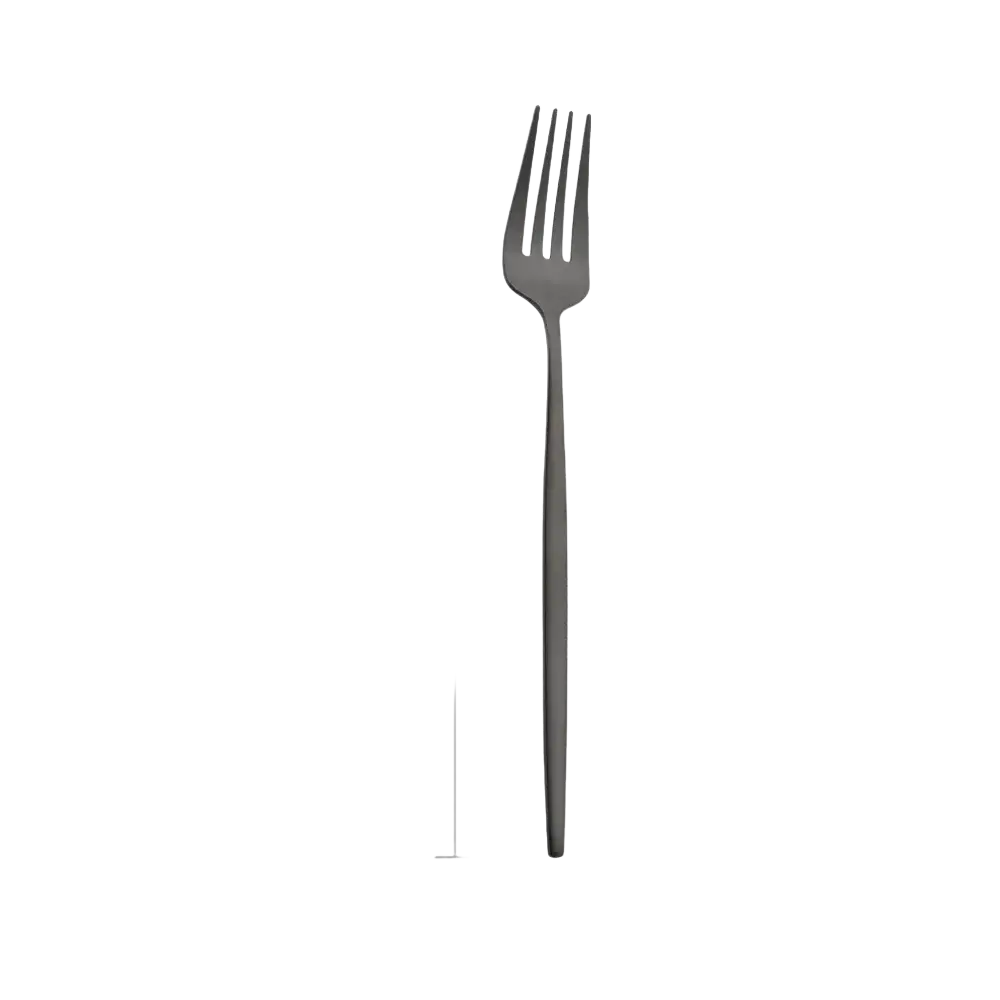 A sleek matte black stainless steel fork with four tines from a modern flatware dinnerware set