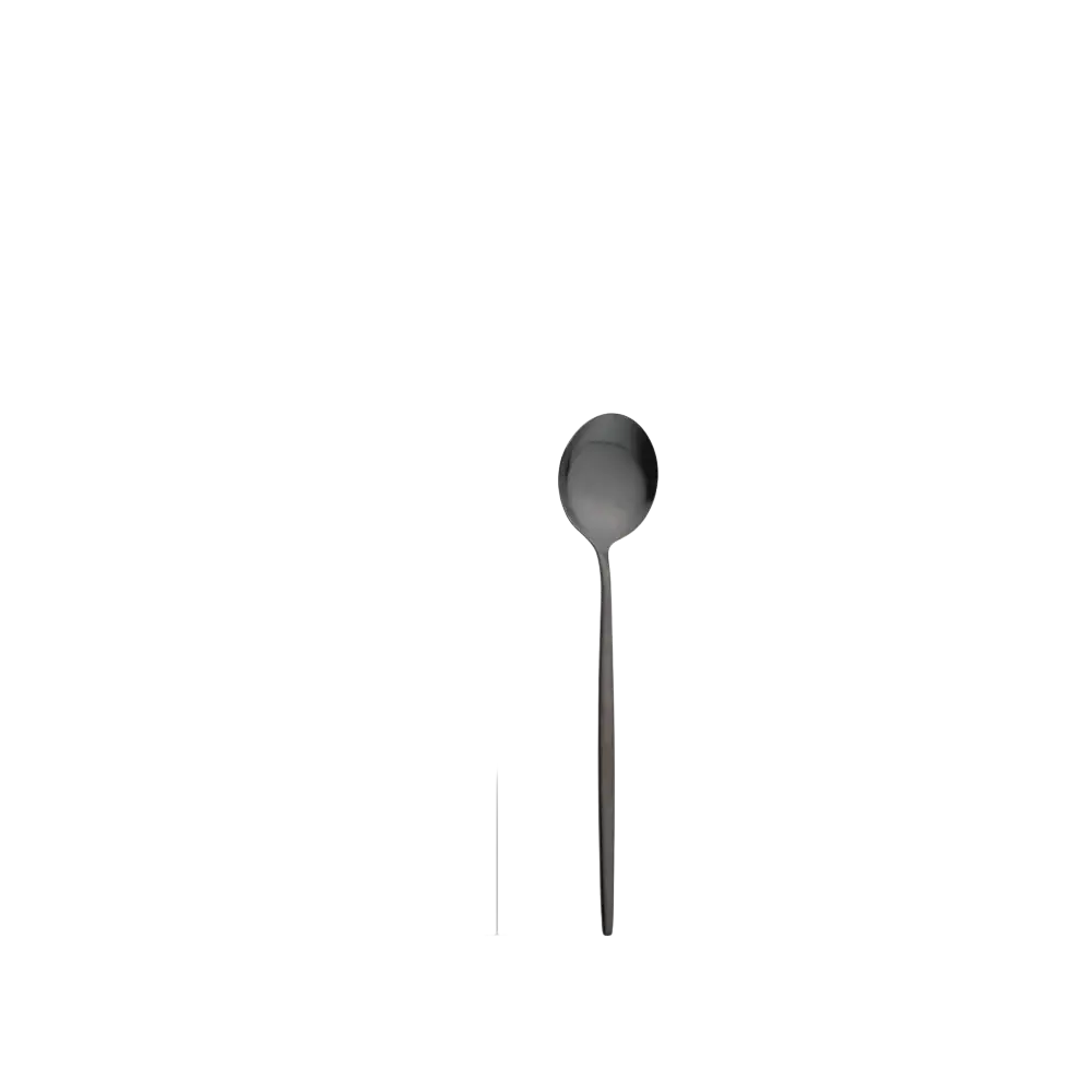 A sleek matte black stainless steel spoon with minimalist design and slender handle from a dinnerware set