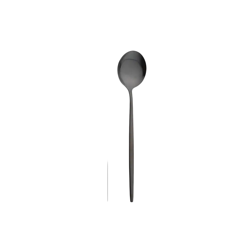 A sleek matte black stainless steel spoon with a modern design and slender handle from flatware dinnerware set
