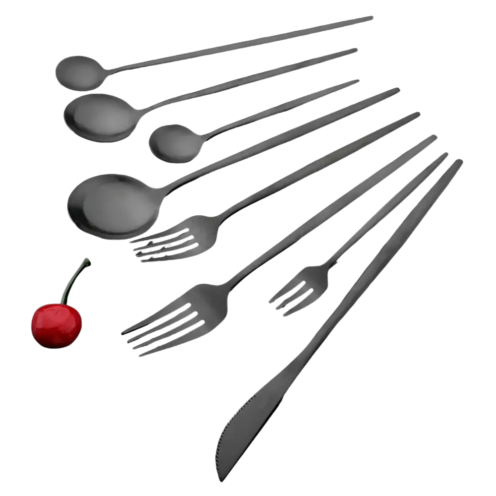 Set of sleek black matte stainless steel flatware including spoons forks and knife for modern dining use