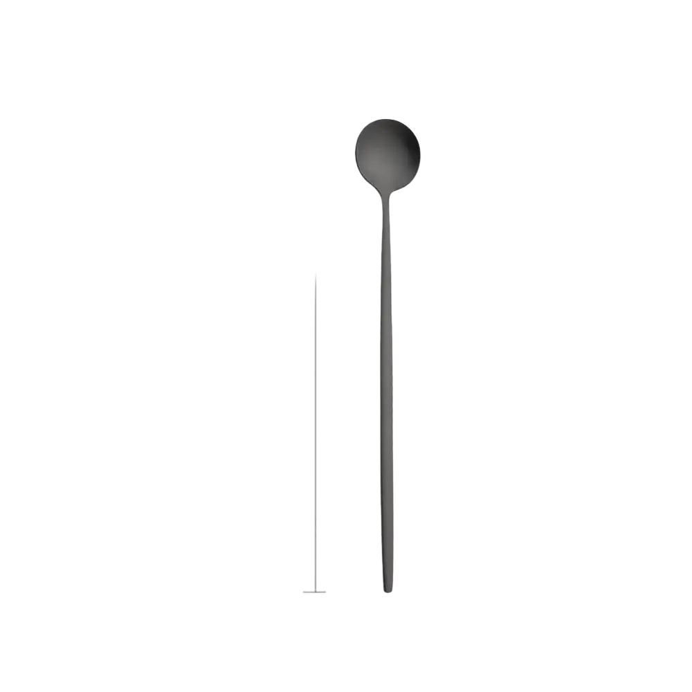 Matte black stainless steel spoon with a slender handle and rounded bowl from a flatware dinnerware set