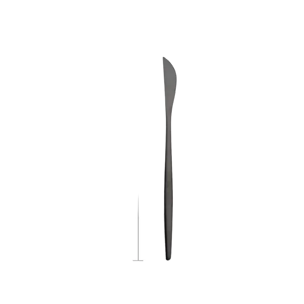 A sleek matte black stainless steel dinner knife with serrated edge and slender handle from a flatware set
