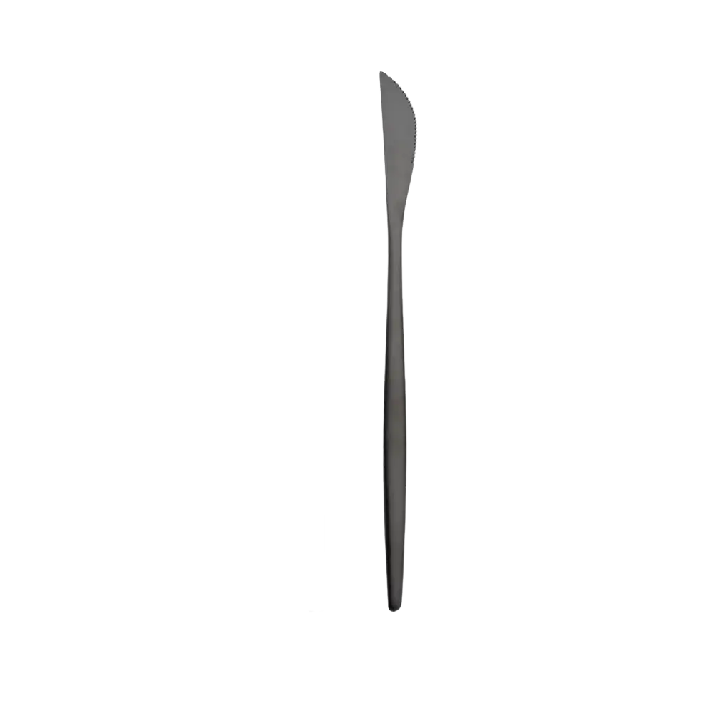 A sleek matte black stainless steel butter knife with serrated edge and slender handle from flatware dinnerware set