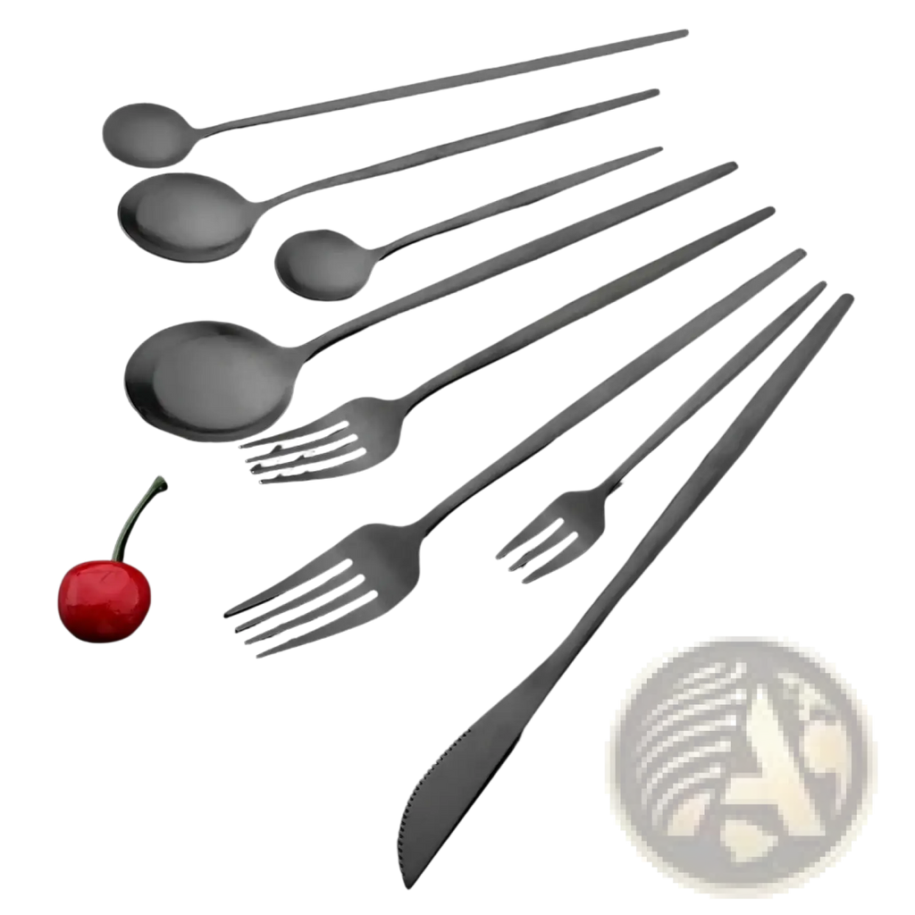 Set of sleek black matte stainless steel flatware including spoons forks and knife for modern dining use