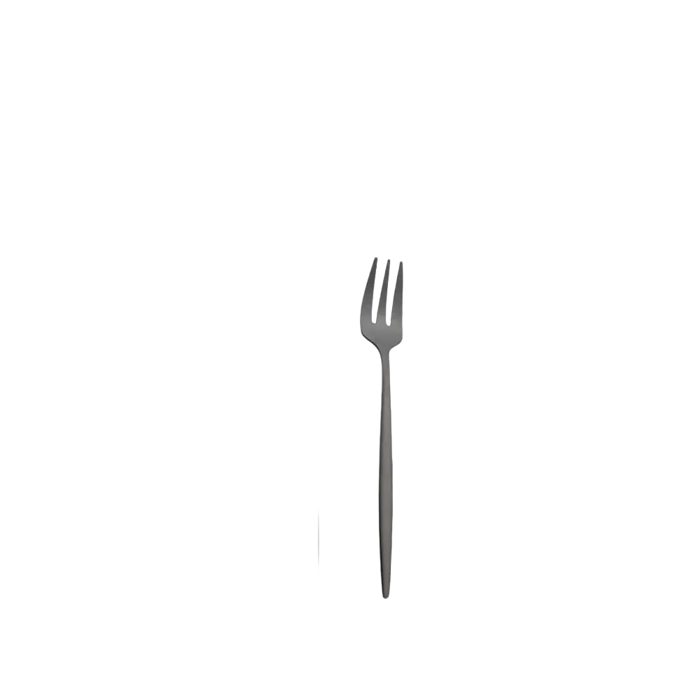A sleek matte black stainless steel fork with three tines from a modern flatware dinnerware set
