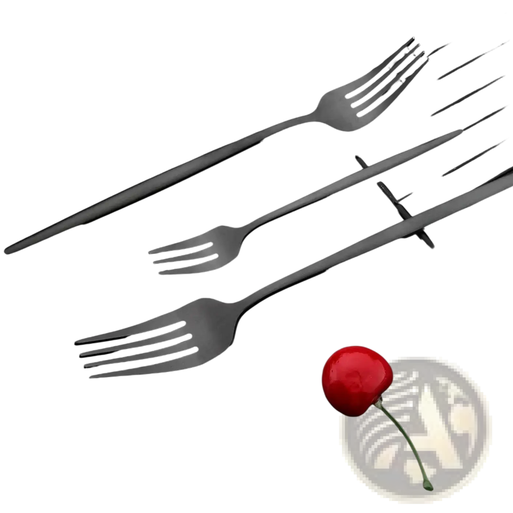Three matte black stainless steel forks arranged diagonally on a dark surface from dinnerware flatware set