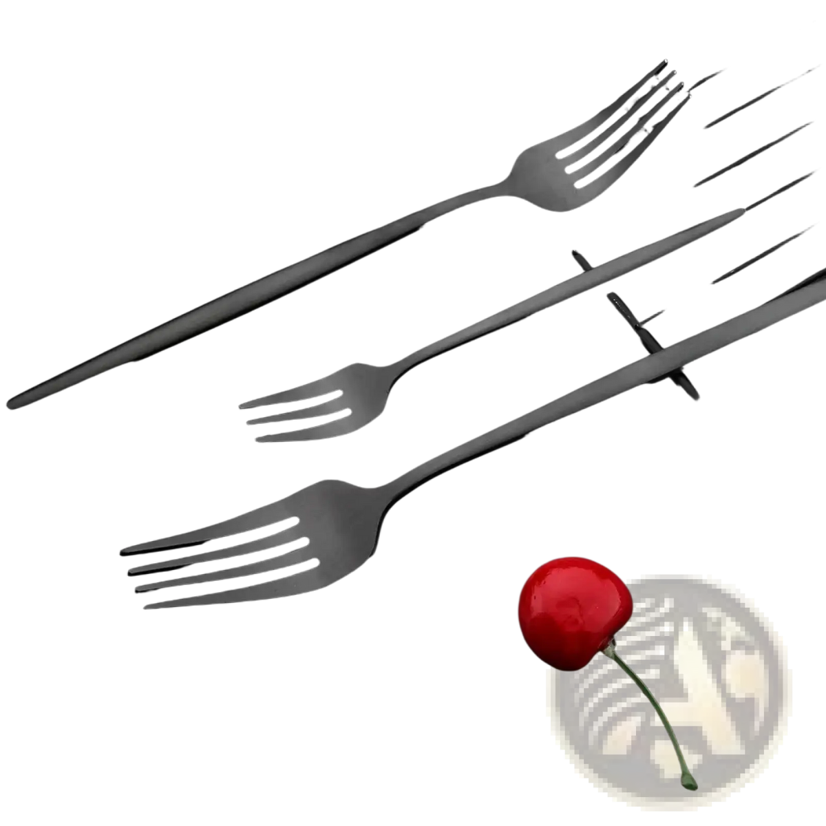 Three matte black stainless steel forks arranged diagonally on a dark surface from dinnerware flatware set
