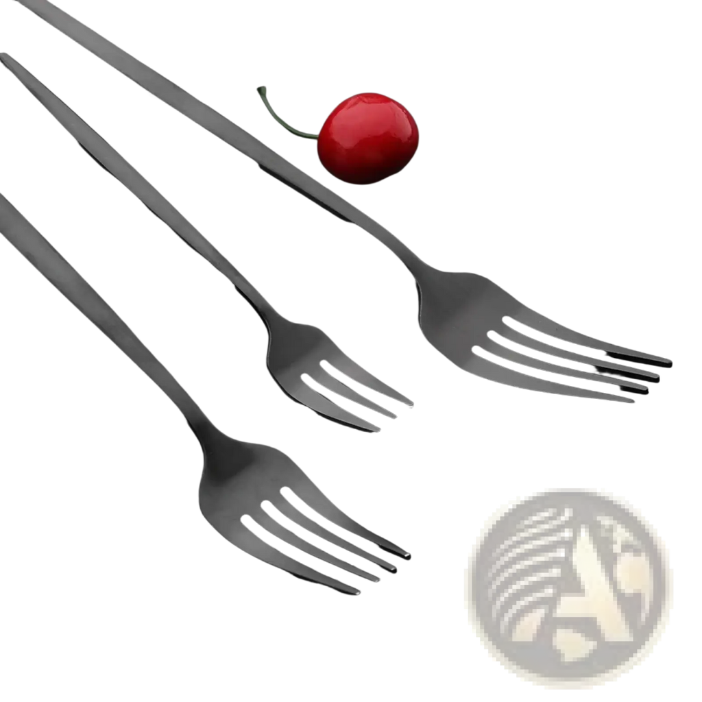 Set of three sleek black matte stainless steel forks with slender handles from a matte black flatware dinnerware set