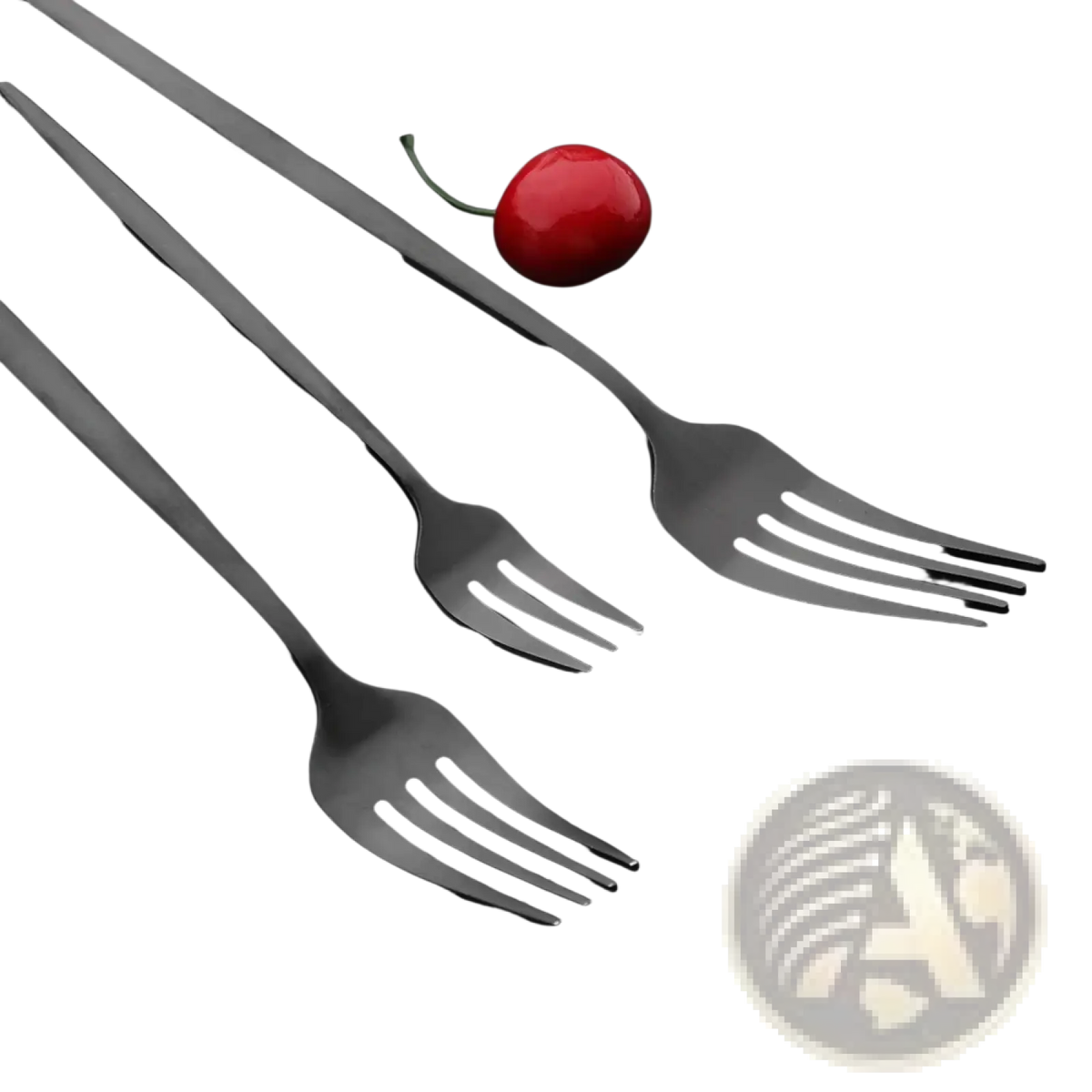Set of three sleek black matte stainless steel forks with slender handles from a matte black flatware dinnerware set