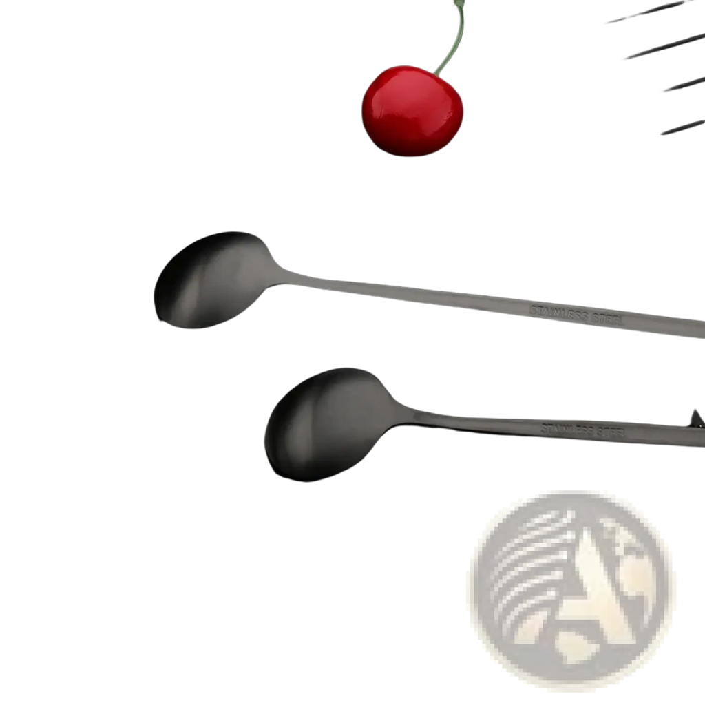 Two sleek matte black stainless steel spoons with long handles on a reflective surface for flatware dinnerware set