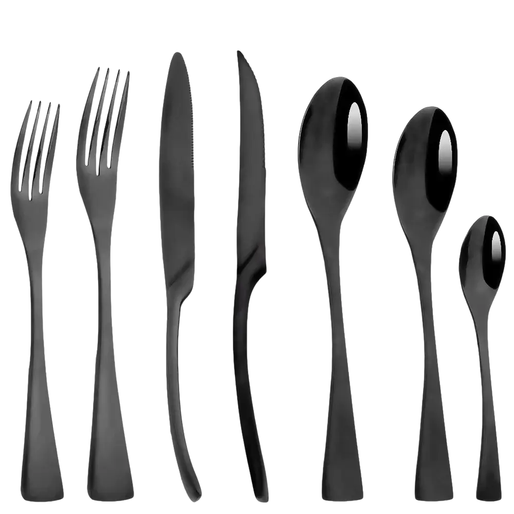 Matte black stainless steel flatware set with black matte finish and sleek modern design for elegant dining use