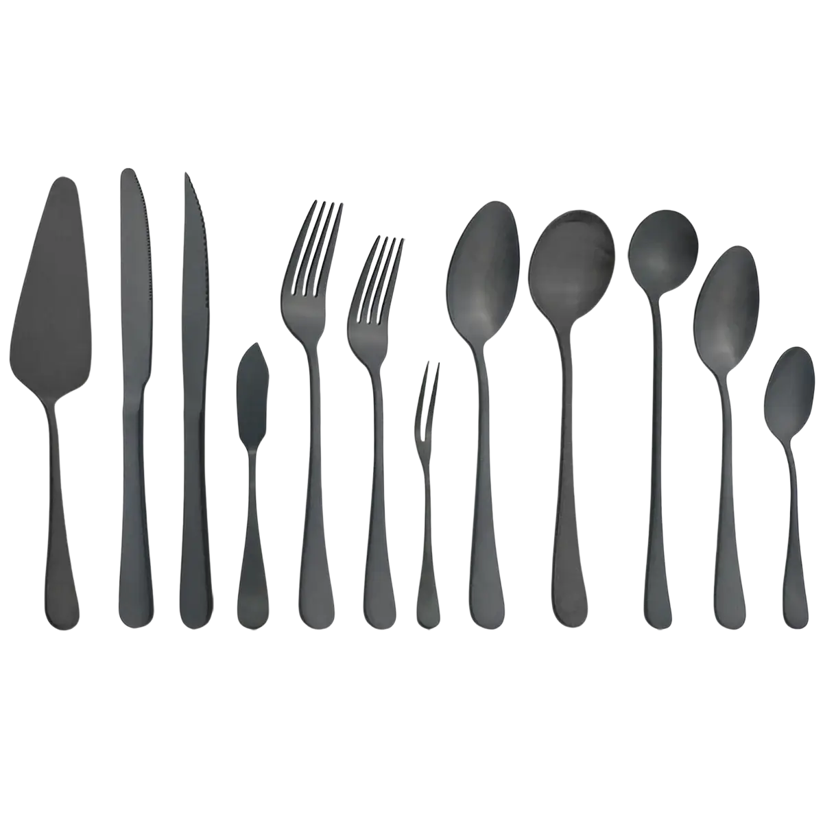 Matte black stainless steel flatware set with matte finish and sleek modern handles for minimalist dining