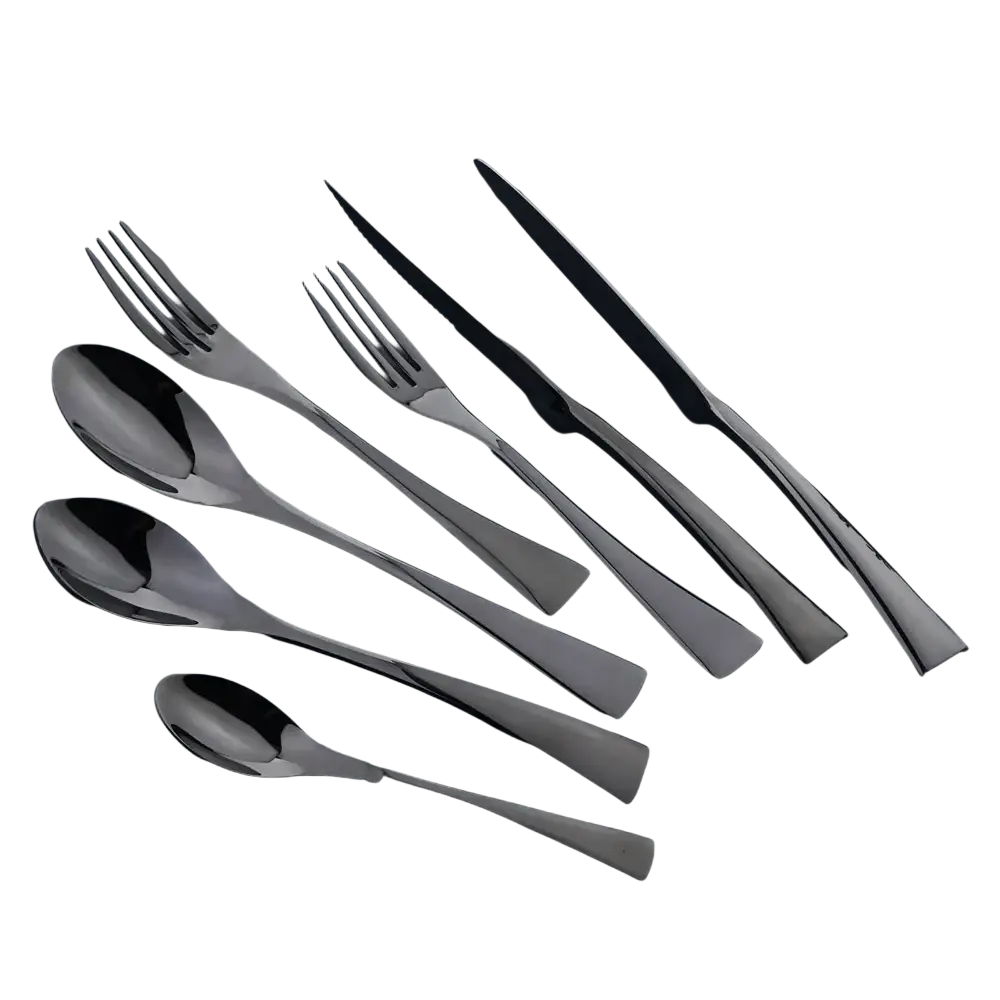 Matte black stainless steel flatware set with sleek modern handles and polished reflective surfaces