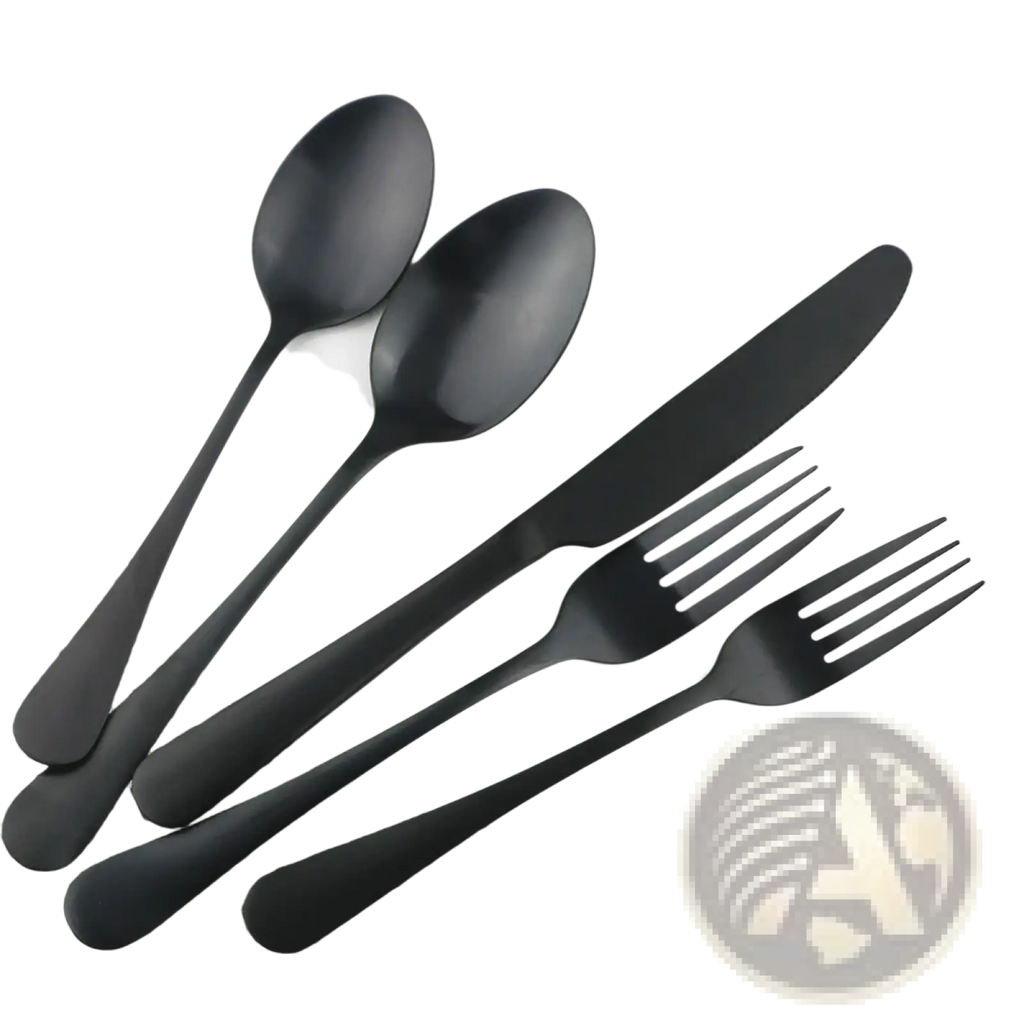 Matte black stainless steel flatware set with two spoons one knife and two forks on a white plate