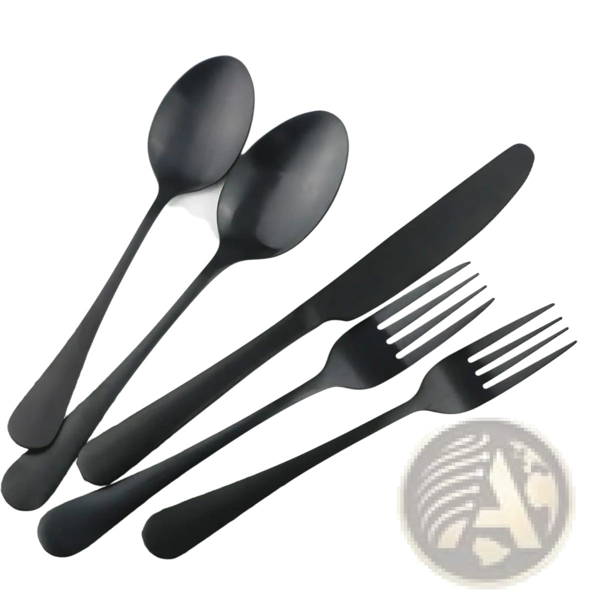 Matte black stainless steel flatware set with two spoons one knife and two forks on a white plate