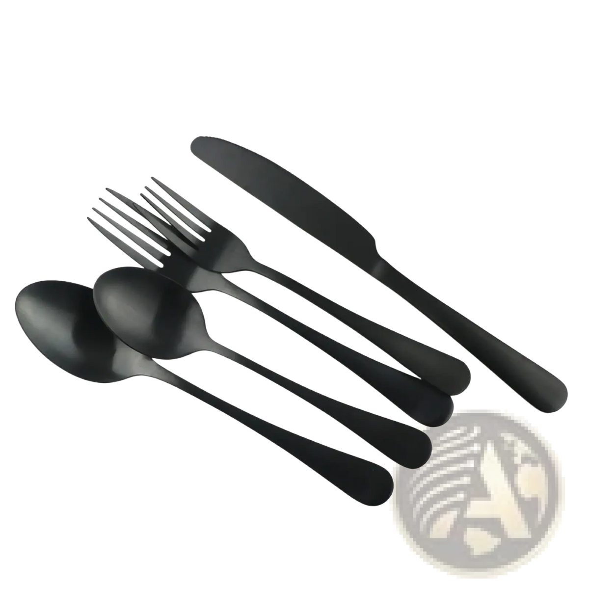 Matte black stainless steel flatware set with knife two forks and two spoons featuring a black matte finish