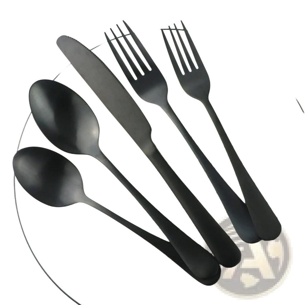 Set of matte black stainless steel flatware including two spoons one knife and two forks with a matte finish