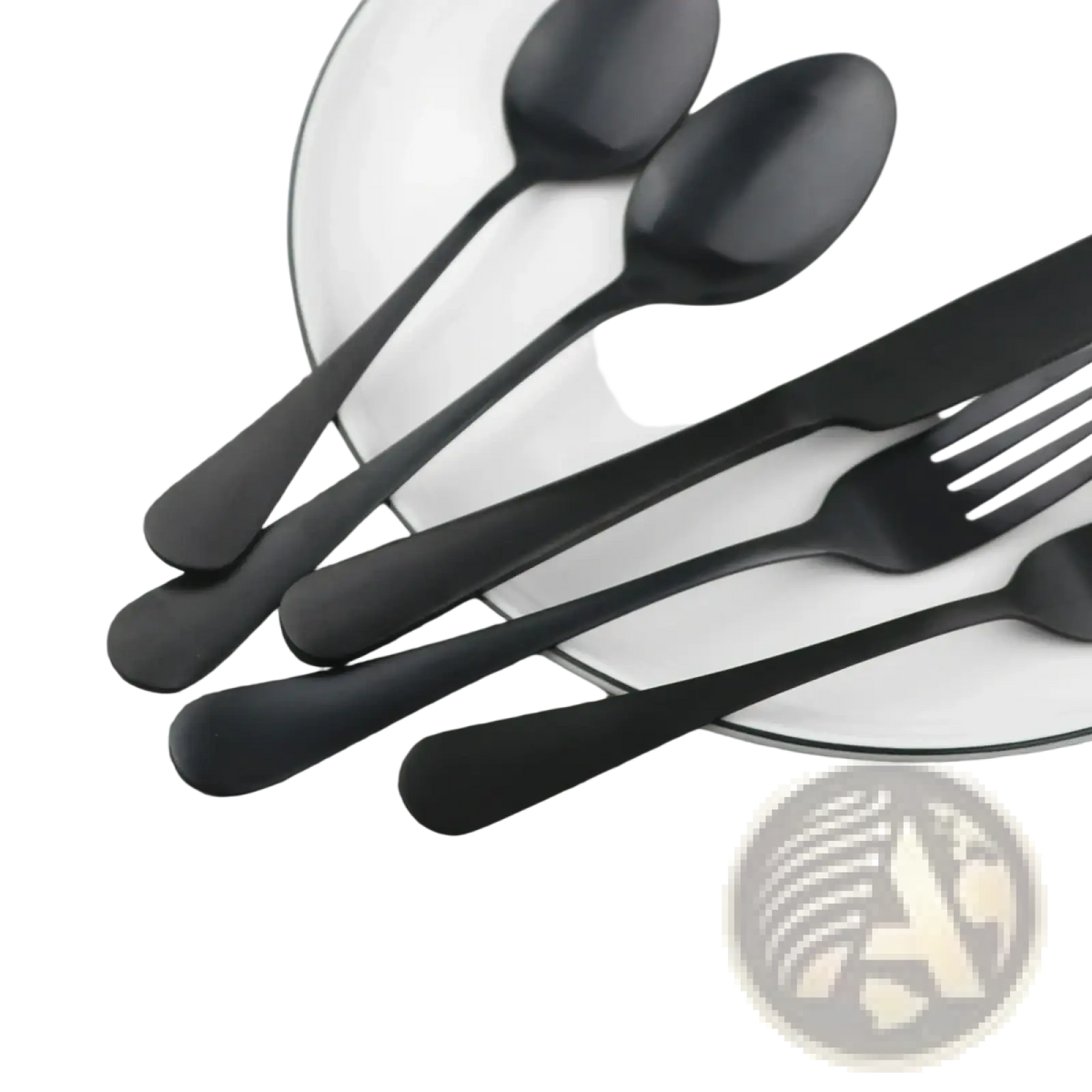 Set of matte black stainless steel flatware including two spoons, a knife, and a fork with a matte finish