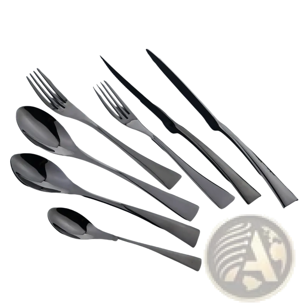 Matte black stainless steel flatware set with sleek modern handles and polished reflective surfaces