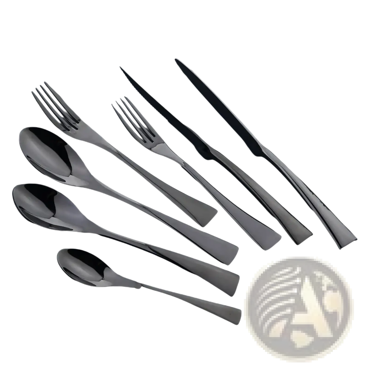 Matte black stainless steel flatware set with sleek modern handles and polished reflective surfaces