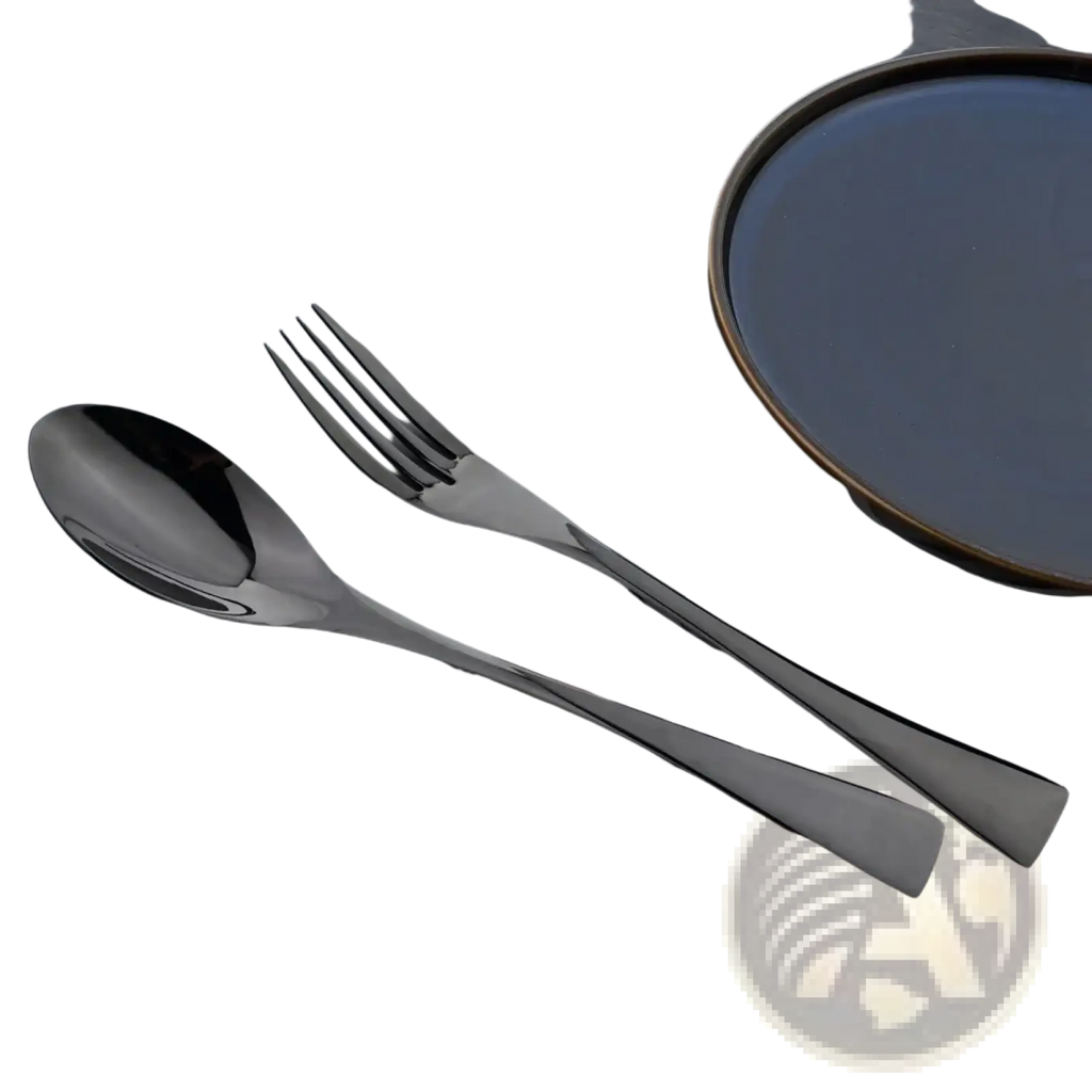 Matte black stainless steel flatware set featuring a spoon and fork with a black matte finish