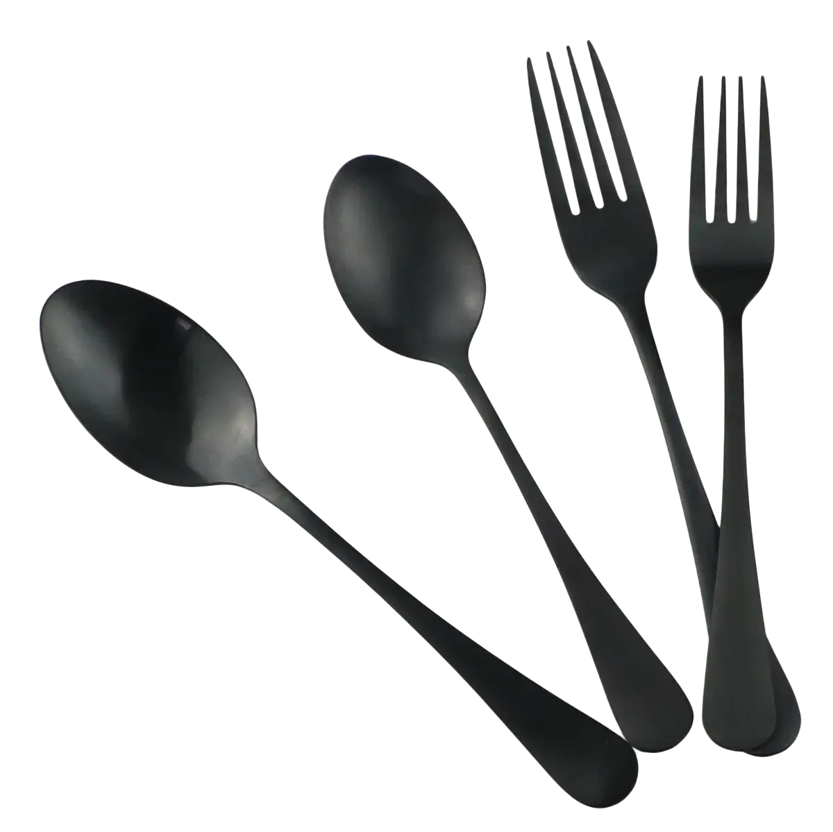 Set of four matte black stainless steel flatware pieces with a matte finish for elegant dining use